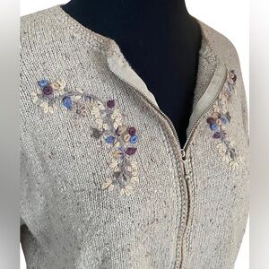 Vintage Eddie Bauer wool linen blend embroidered floral zip cardigan size M